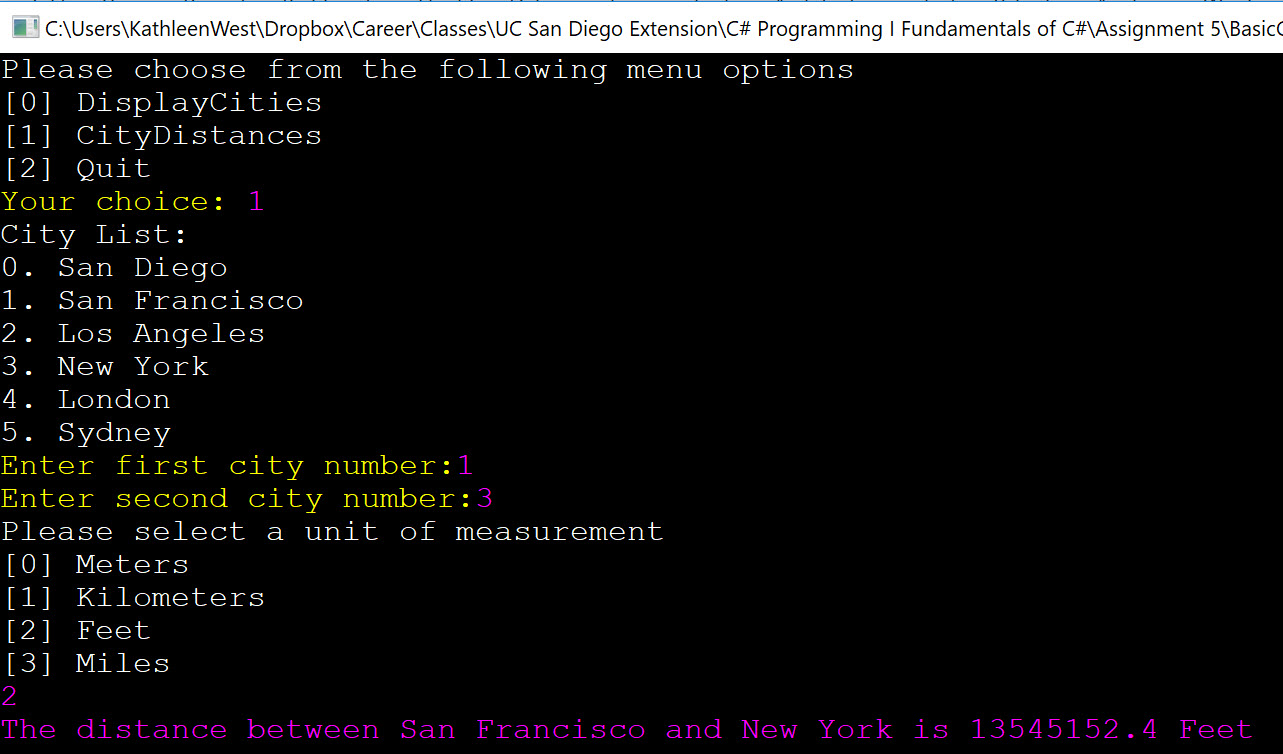 demo showing the city distances data