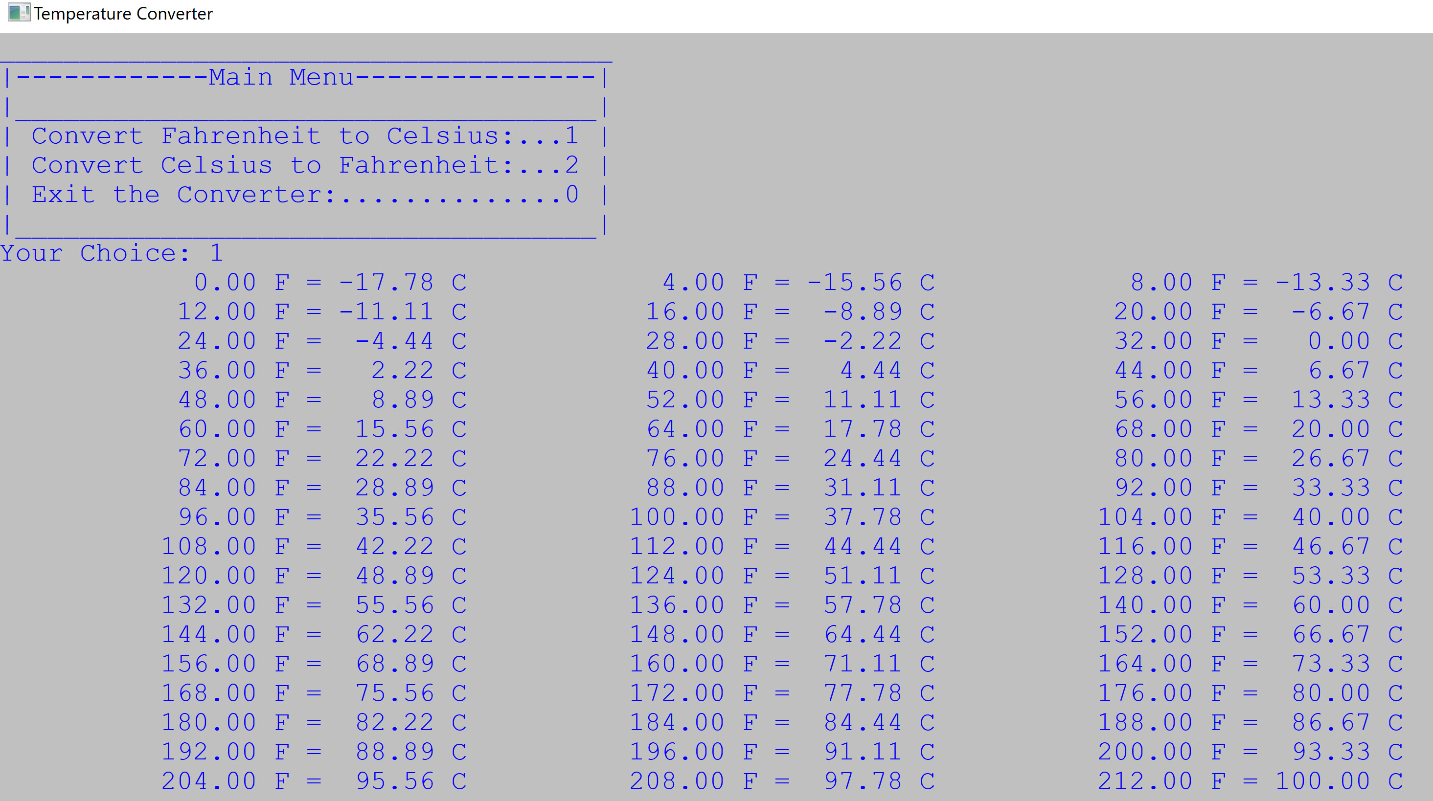 Option 1 Temperature Conversion Demo