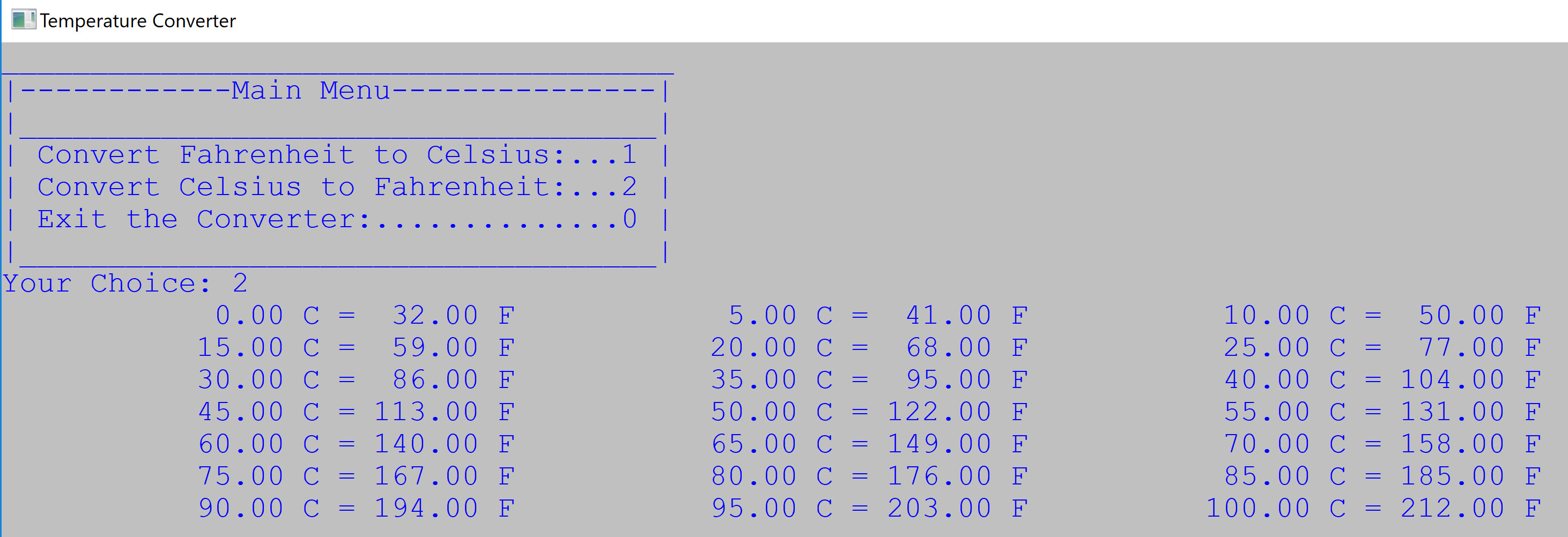 Option 2 Temperature Conversion