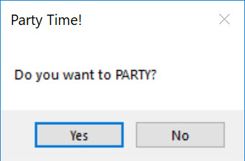 After saying Ok, the window dialog asks the user if they want to Party