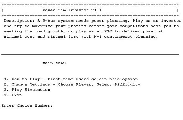 Power Sim Investor Main Menu